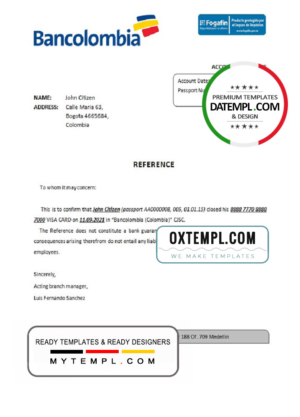 Colombia Bancolombia bank account closure reference letter template in Word and PDF format