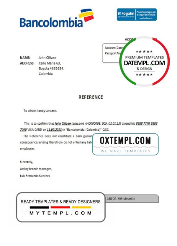 editable template, Colombia Bancolombia bank account closure reference letter template in Word and PDF format
