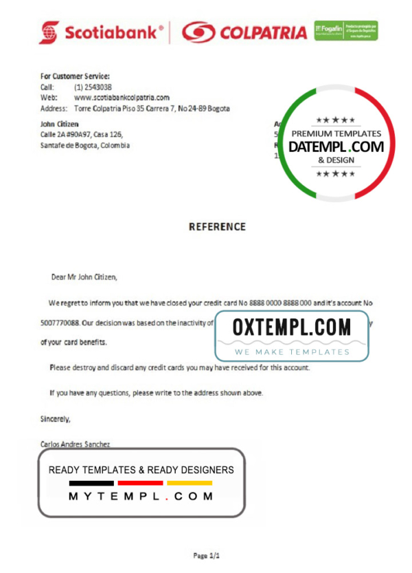 editable template, Colombia Scotiabank Colpatria bank account closure reference letter template in Word and PDF format