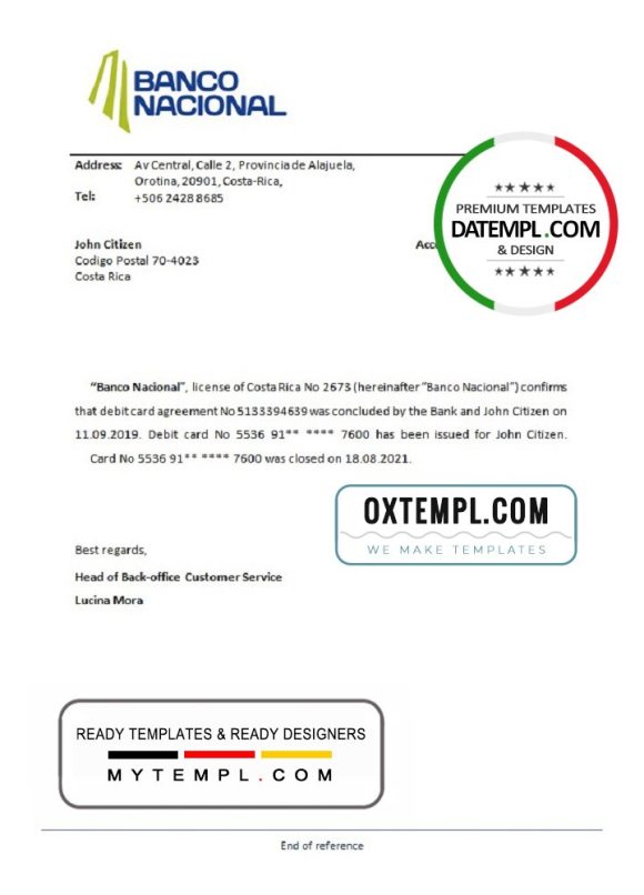 editable template, Costa Rica Banco Nacional de Costa Rica bank account closure reference letter template in Word and PDF format