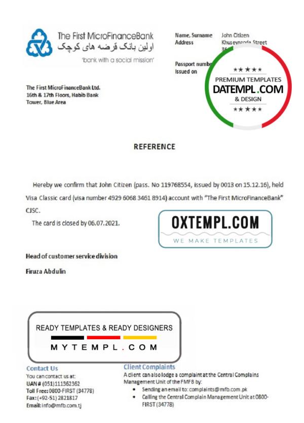 editable template, Tajikistan The First MicroFinanceBank account closure reference letter template in Word and PDF format