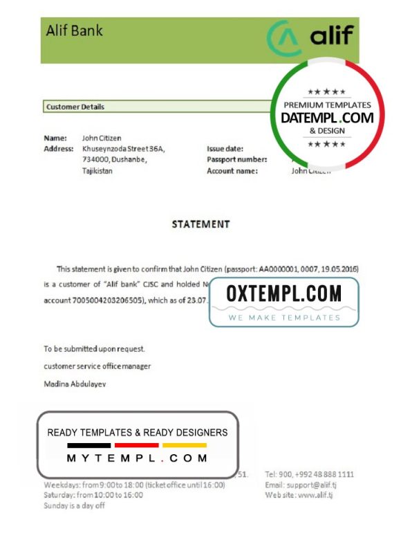 editable template, Tajikistan Alif bank account closure reference letter template in Word and PDF format