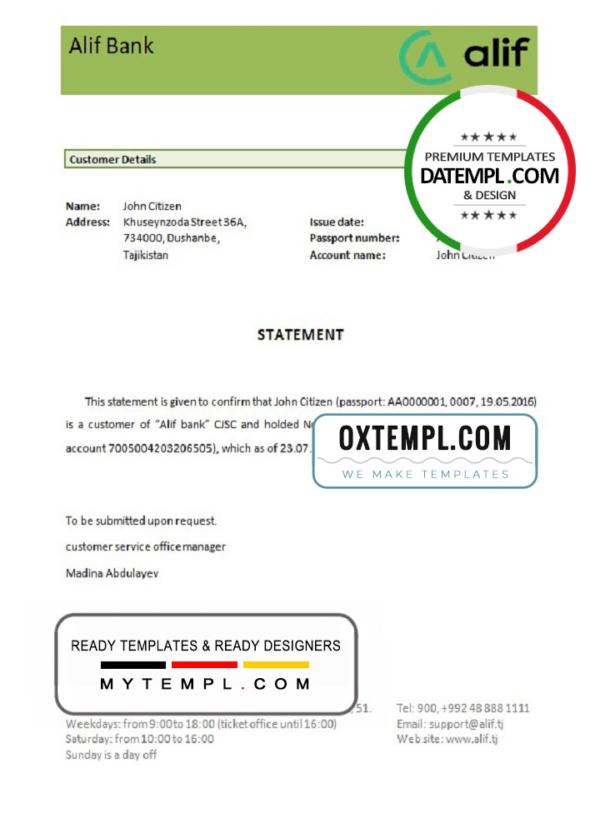 editable template, Tajikistan Alif bank account closure reference letter template in Word and PDF format
