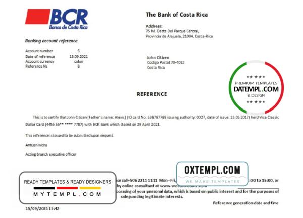 editable template, Costa Rica The Bank of Costa Rica bank account closure reference letter template in Word and PDF format