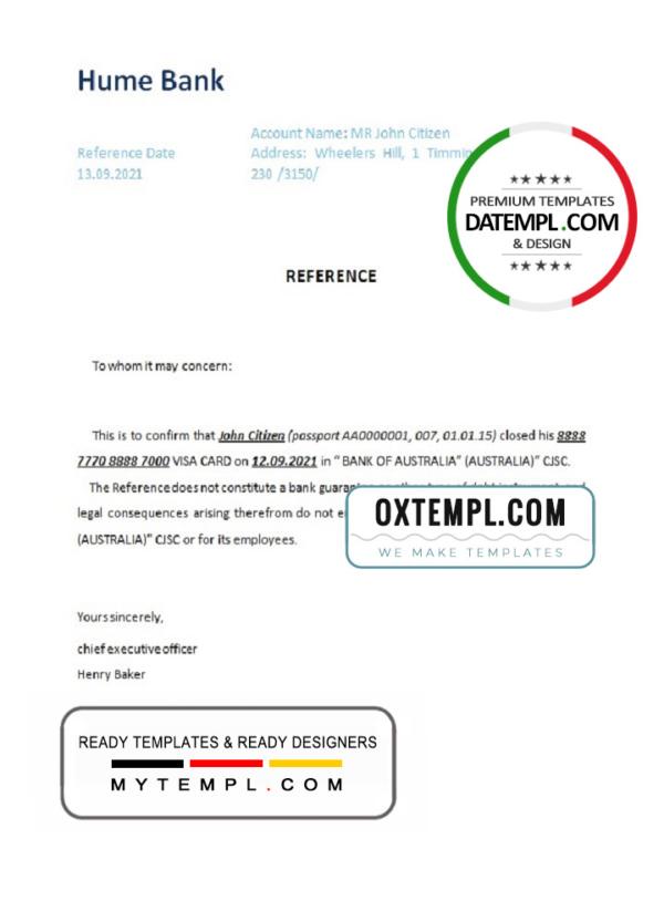 editable template, Australia Hume bank account closure reference letter template in Word and PDF format