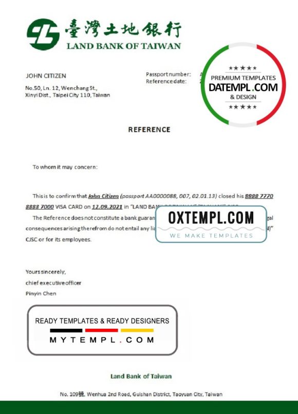 editable template, Taiwan Land Bank of Taiwan account closure reference letter template in Word and PDF format