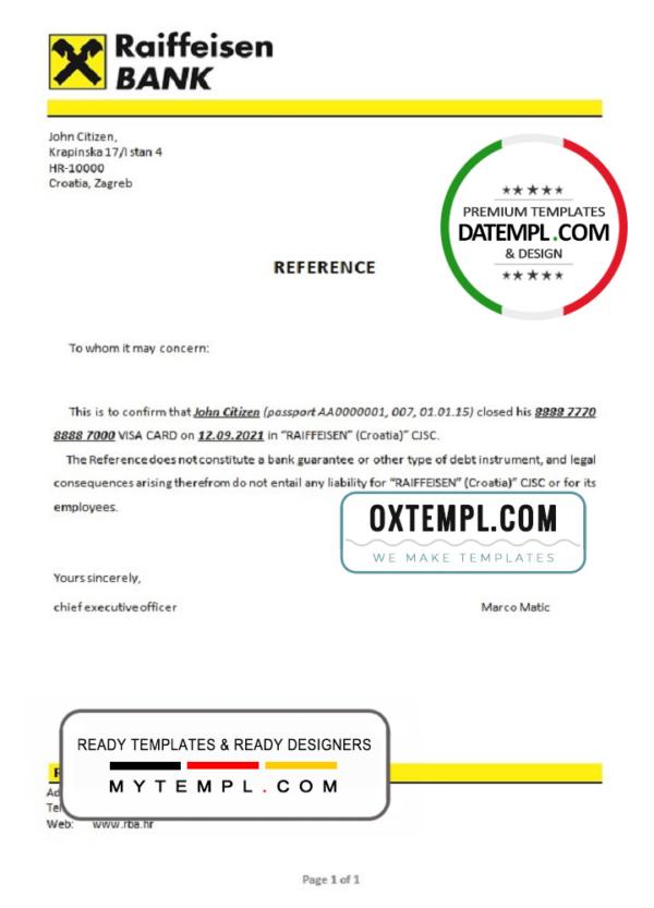 editable template, Croatia Raiffeisen Bank account closure reference letter template in Word and PDF format