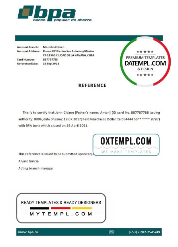 editable template, Cuba Banco Popular de Ahorro (BPA) bank account closure reference letter template in Word and PDF format