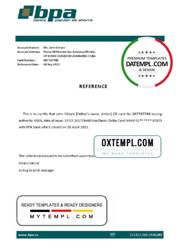 editable template, Cuba Banco Popular de Ahorro (BPA) bank account closure reference letter template in Word and PDF format