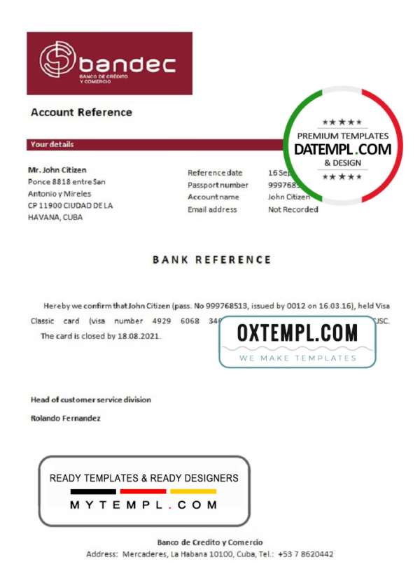 editable template, Cuba Bandec Banco de Credito y Comercio bank account closure reference letter template in Word and PDF format