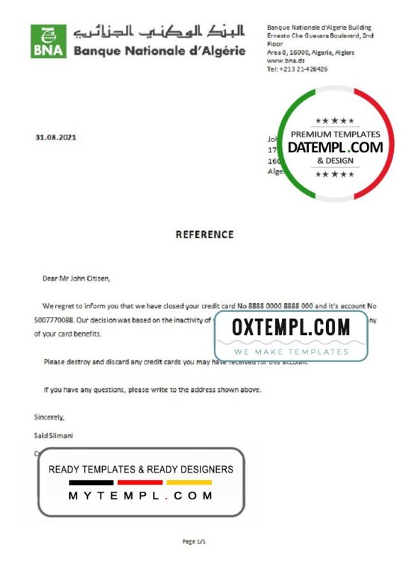 editable template, Algeria Banque Nationale d’Algérie (BNA) bank account closure reference letter template in Word and PDF format (.doc and .pdf)