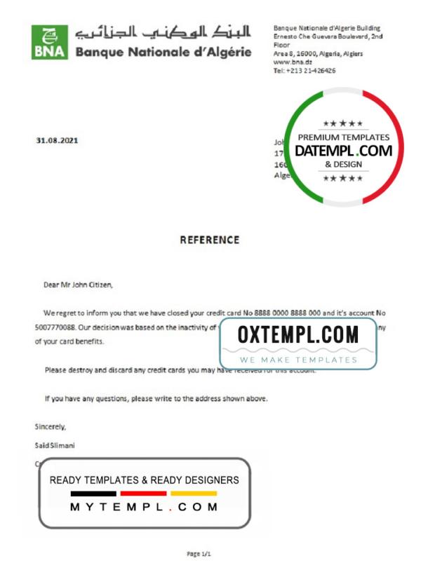 editable template, Algeria Banque Nationale d’Algérie (BNA) bank account closure reference letter template in Word and PDF format (.doc and .pdf)