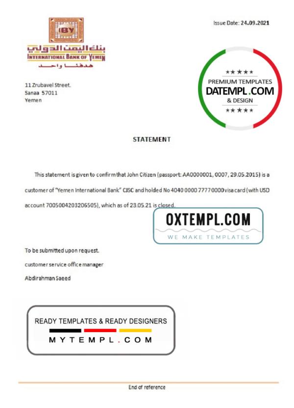 editable template, Yemen International Bank of Yemen bank account closure reference letter template in Word and PDF format