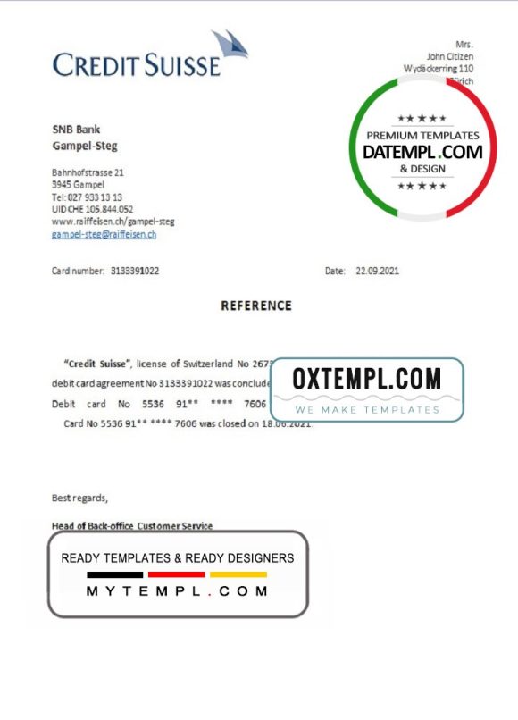 editable template, Switzerland Credit Suisse bank account closure reference letter template in Word and PDF format