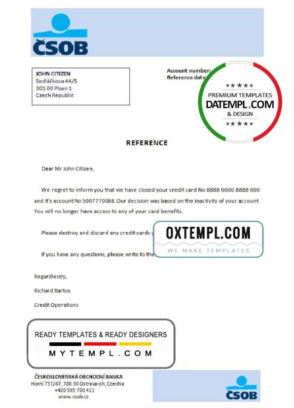 editable template, Czech Republic Československá Obchodní Banka account closure reference letter template in Word and PDF format