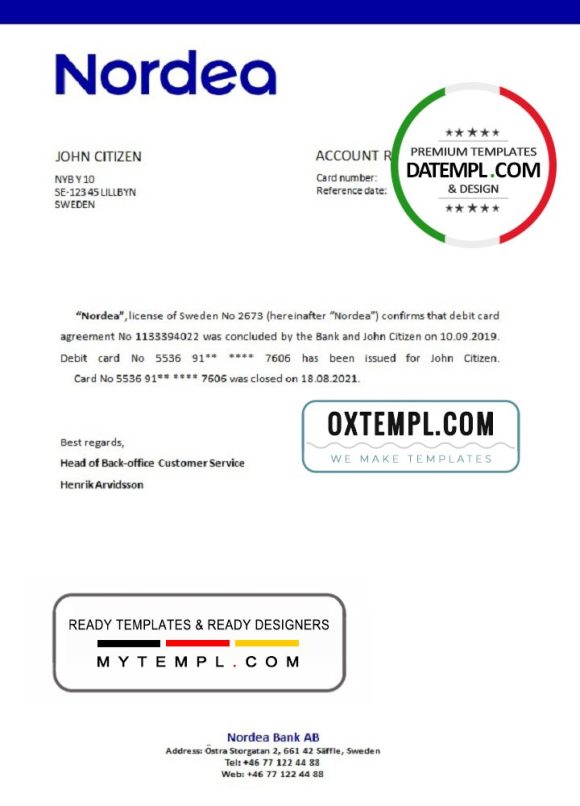editable template, Sweden Nordea bank account closure reference letter template in Word and PDF format