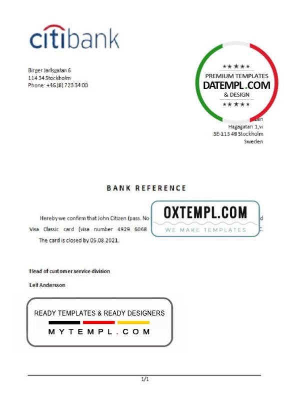 editable template, Sweden Citibank bank account closure reference letter template in Word and PDF format
