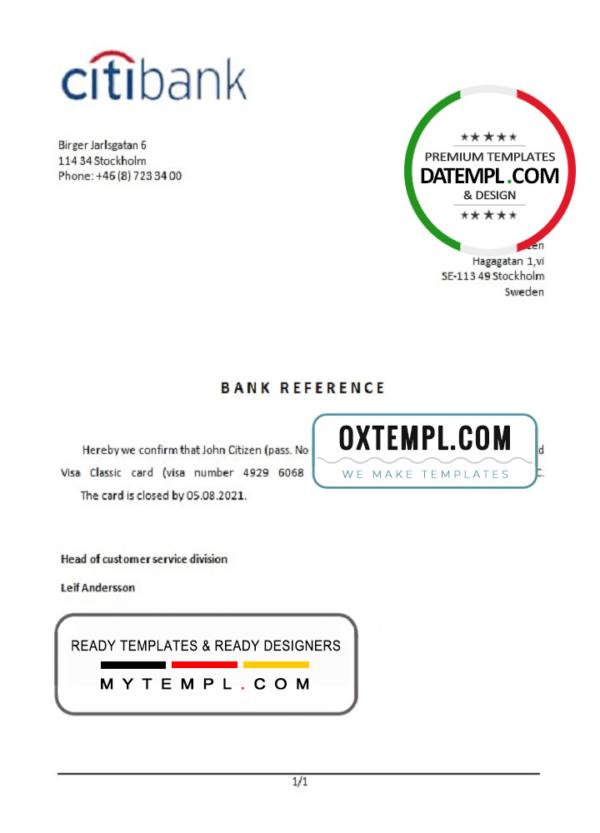 editable template, Sweden Citibank bank account closure reference letter template in Word and PDF format