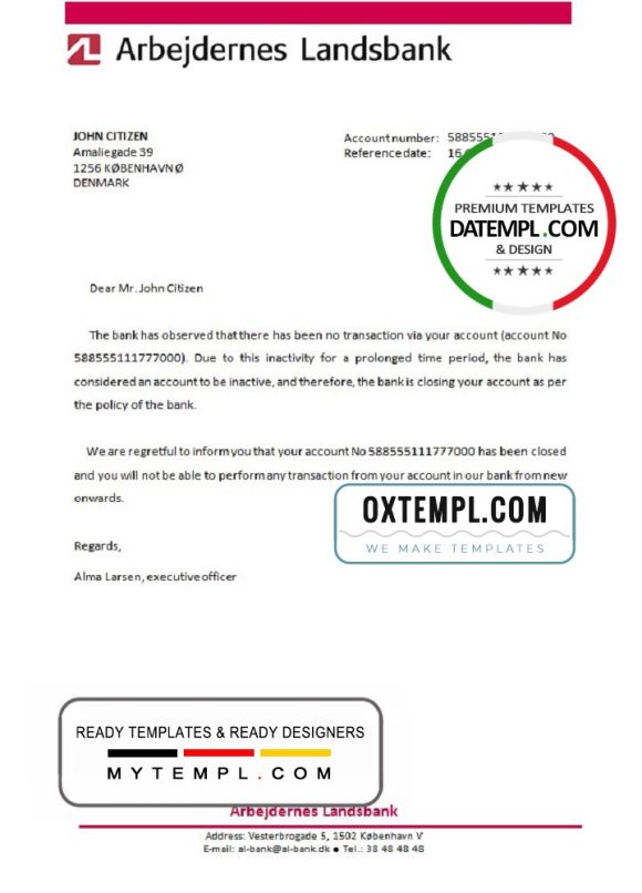 editable template, Denmark Arbejdernes Landsbank bank account closure reference letter template in Word and PDF format