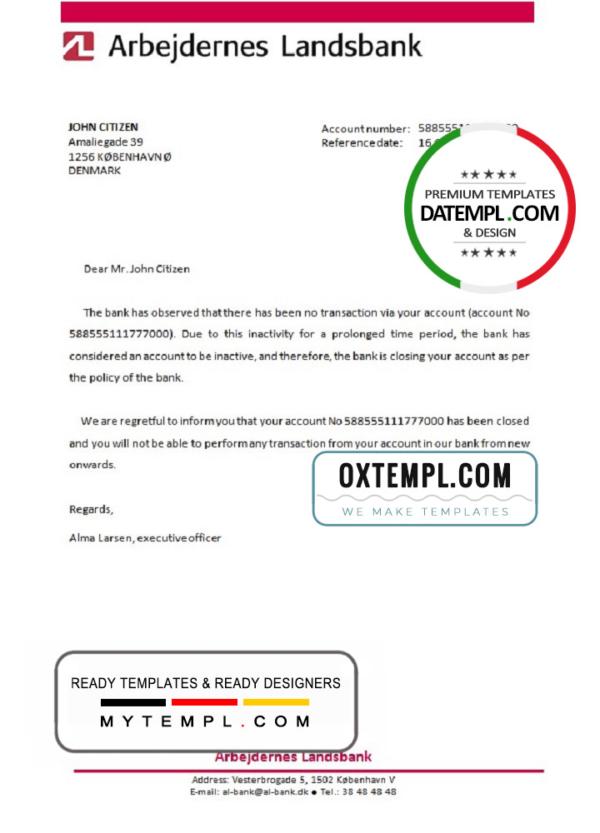 editable template, Denmark Arbejdernes Landsbank bank account closure reference letter template in Word and PDF format
