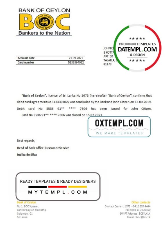 editable template, Sri Lanka BOC bank account closure reference letter template in Word and PDF format