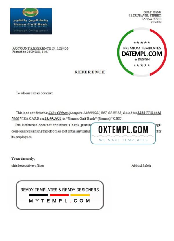editable template, Yemen Gulf bank account closure reference letter template in Word and PDF format