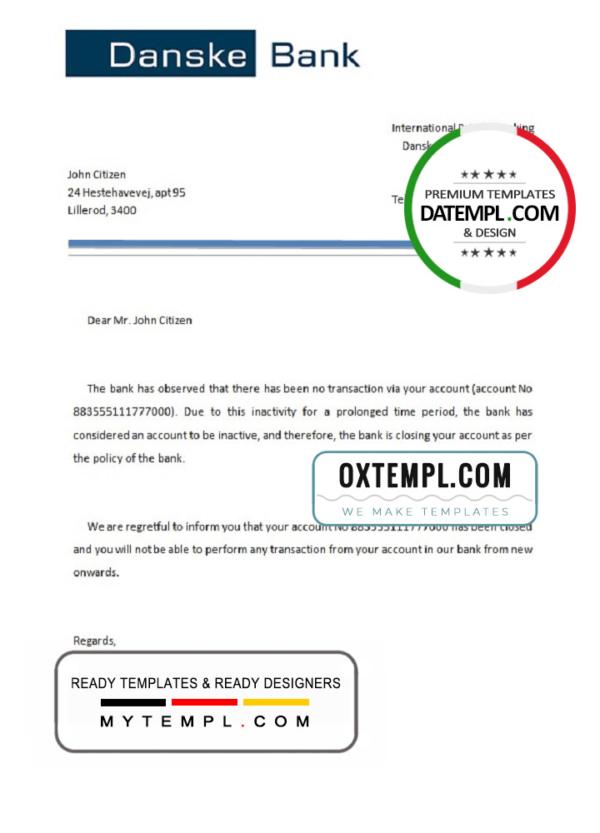 editable template, Denmark Danskebank bank account closure reference letter template in Word and PDF format