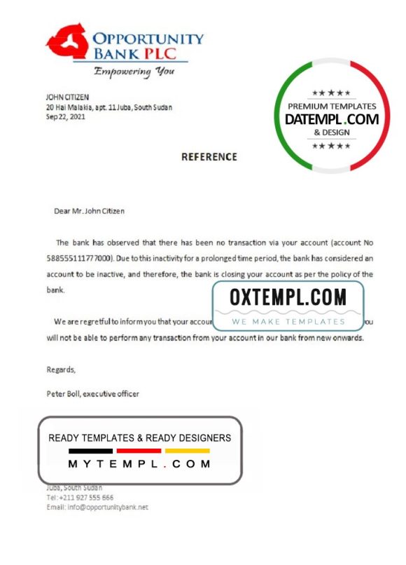 editable template, South Sudan Opportunity Bank bank account closure reference letter template in Word and PDF format