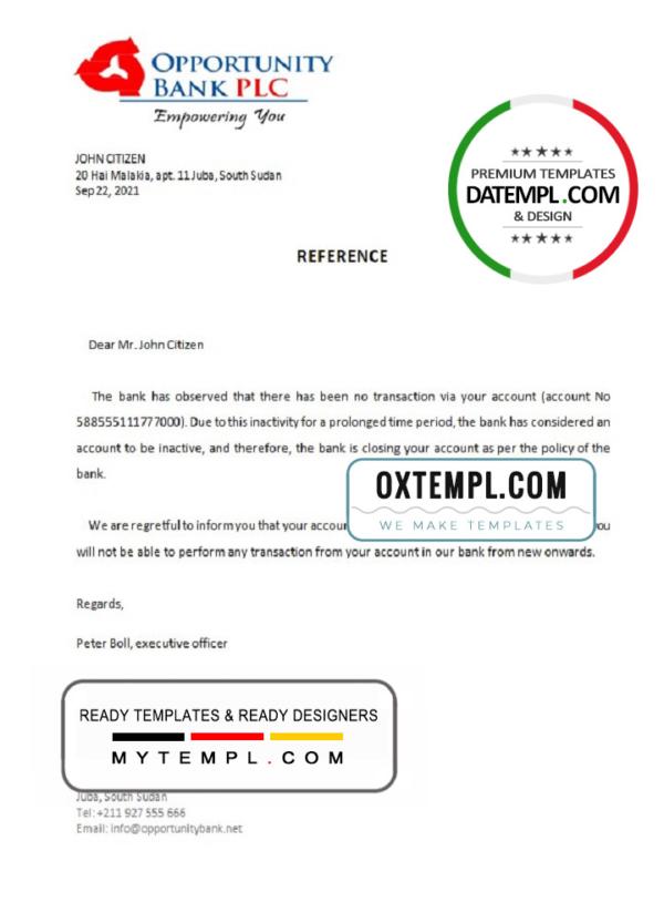 editable template, South Sudan Opportunity Bank bank account closure reference letter template in Word and PDF format