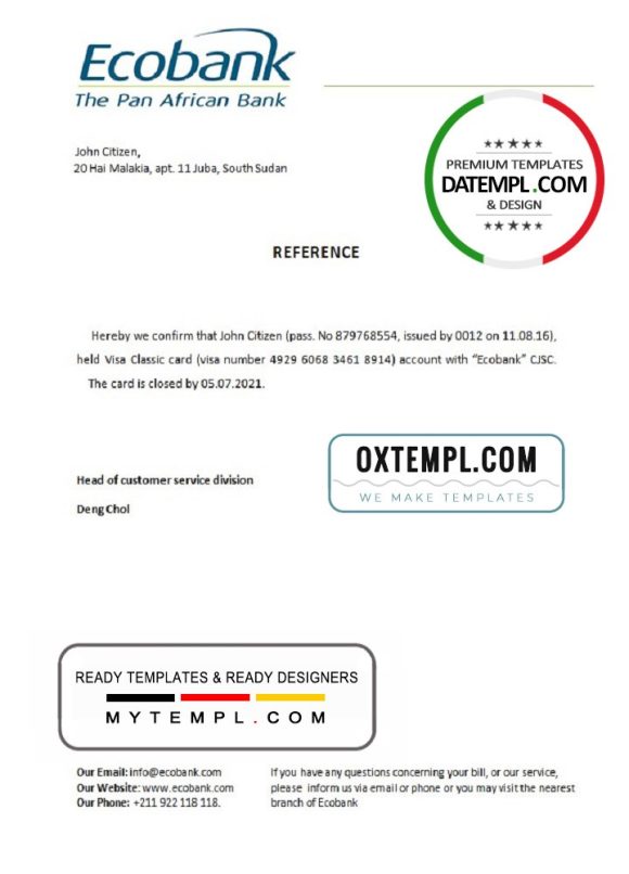 editable template, South Sudan Ecobank bank account closure reference letter template in Word and PDF format