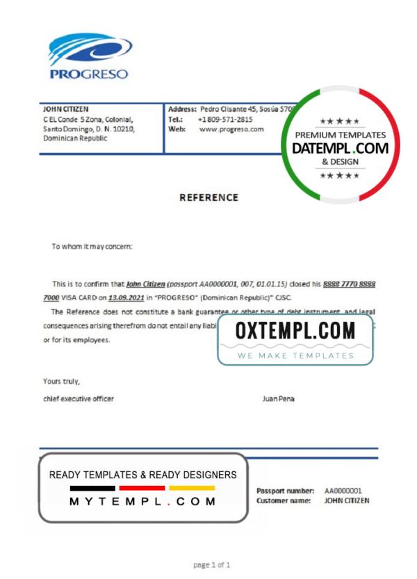 editable template, Dominican Republic Banco Progreso bank account closure reference letter template in Word and PDF format