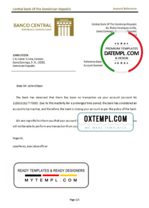 Dominicia Central Bank Of The Dominican Republic bank account closure reference letter template in Word and PDF format