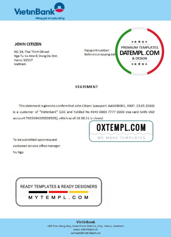 editable template, Vietnam Vietinbank bank account closure reference letter template in Word and PDF format
