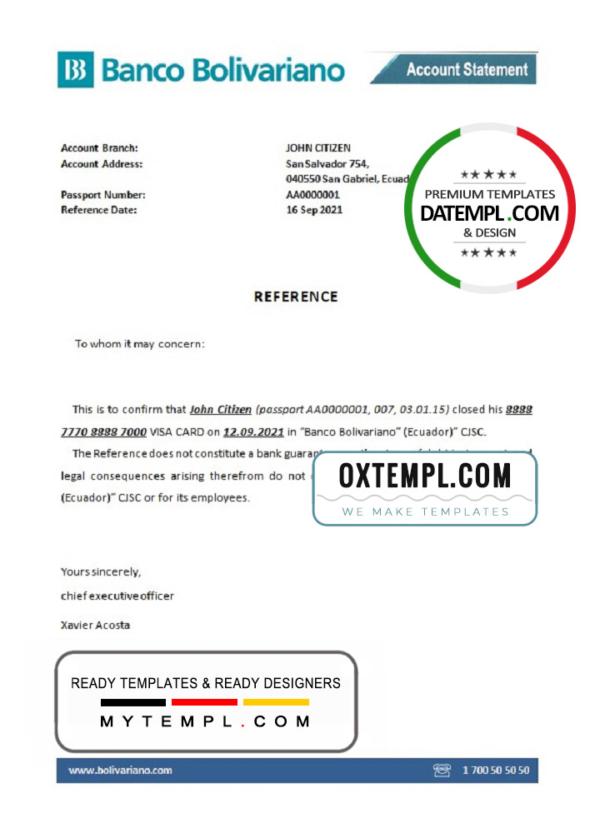 editable template, Ecuador Banco Bolivariano bank account closure reference letter template in Word and PDF format