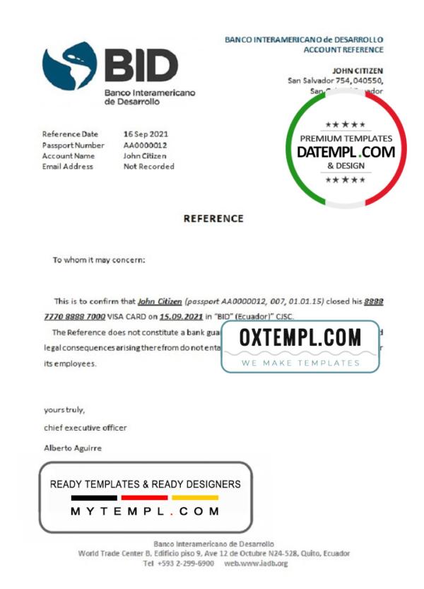 editable template, Ecuador Banco Interamericano de Desarrollo (BID) bank account closure reference letter template in Word and PDF format