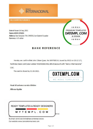 Ecuador Banco Internacional bank account closure reference letter template in Word and PDF format