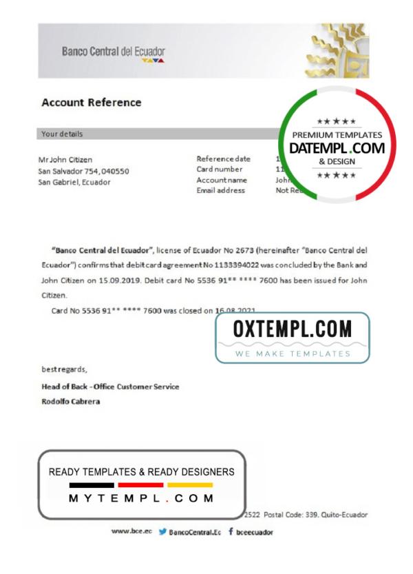 editable template, Ecuador Central Bank of Ecuador bank account closure reference letter template in Word and PDF format