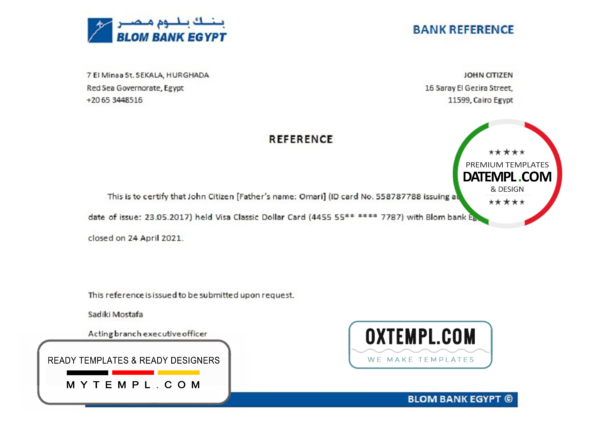 editable template, Egypt Blom Bank of Egypt bank account closure reference template in Word and PDF format (.doc and .pdf)