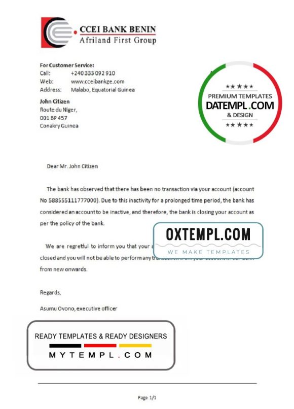 editable template, Equatorial Guinea CCEI Bank Benin bank account closure reference letter template in Word and PDF format