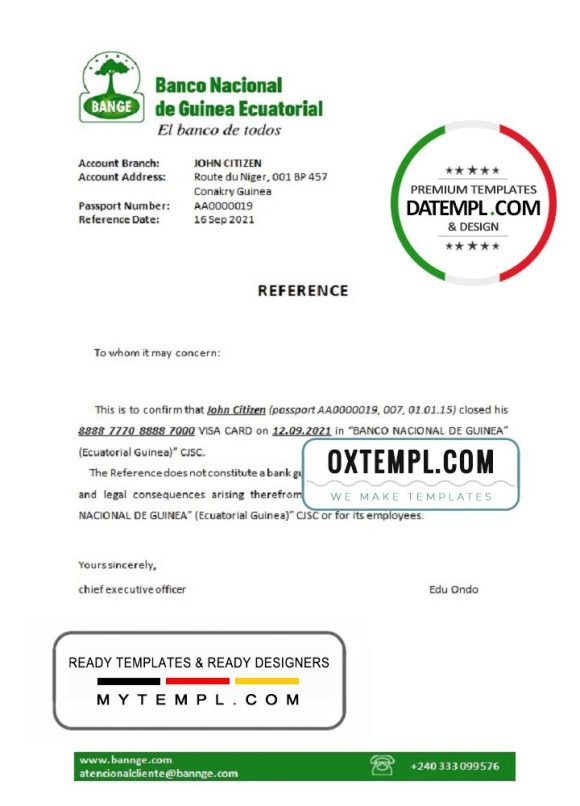 editable template, Equatorial Guinea The National Bank bank account closure reference letter template in Word and PDF format