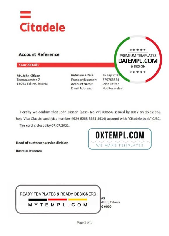 editable template, Estonia Citadele banka Eesti filiaal AS template of bank account closure reference letter, Word and PDF format (.doc and .pdf)