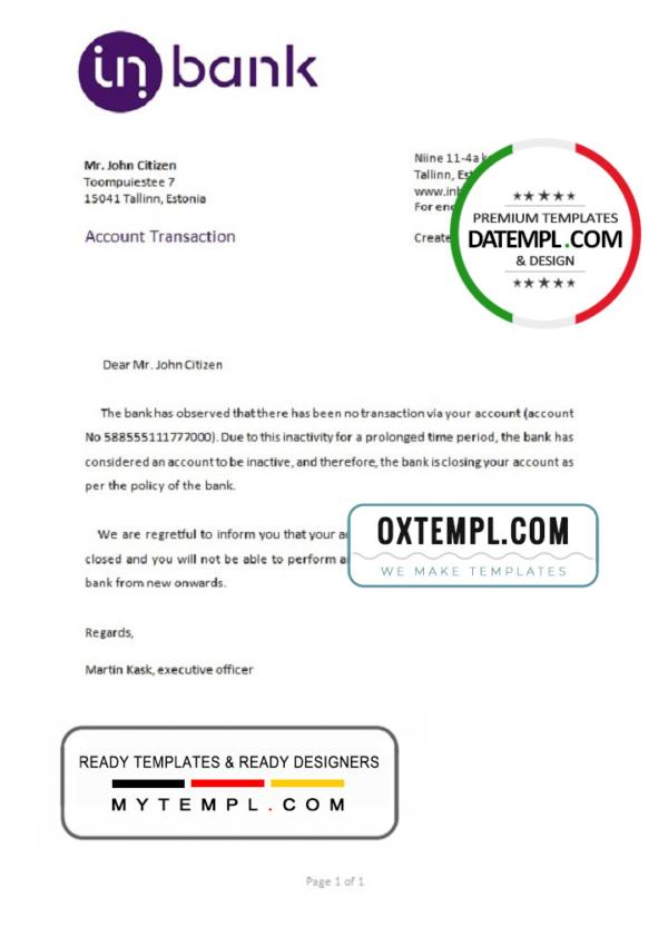 editable template, Estonia Inbank bank account closure reference letter template in Word and PDF format