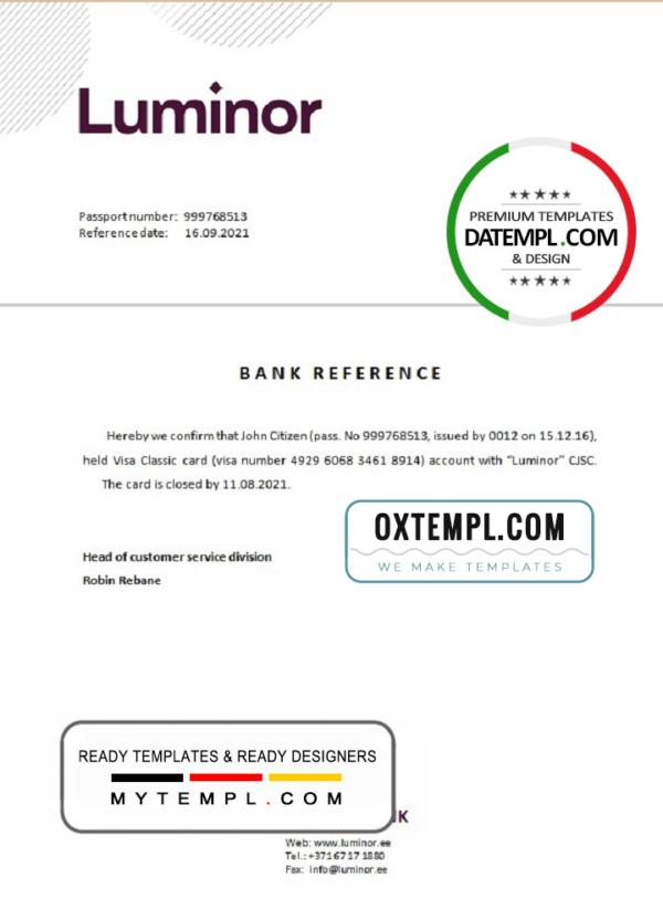 editable template, Estonia Luminor Bank template of bank account closure reference letter, Word and PDF format (.doc and .pdf)
