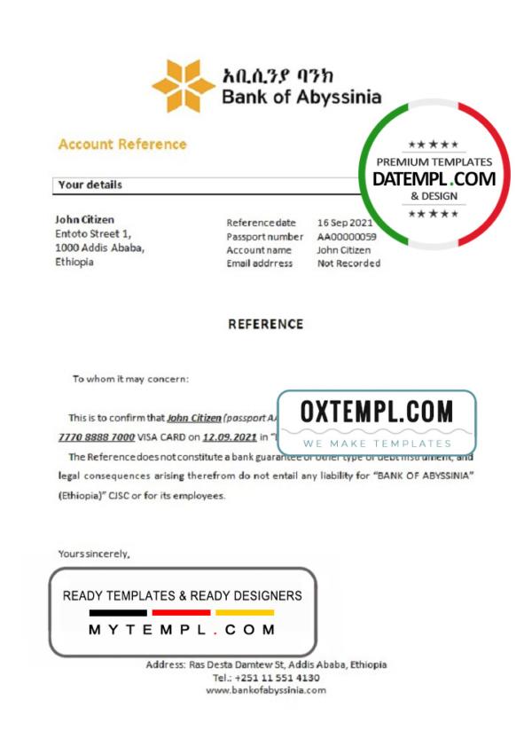 editable template, Ethiopia Bank of Abyssinia bank account closure reference letter, Word and PDF format (.doc and .pdf)