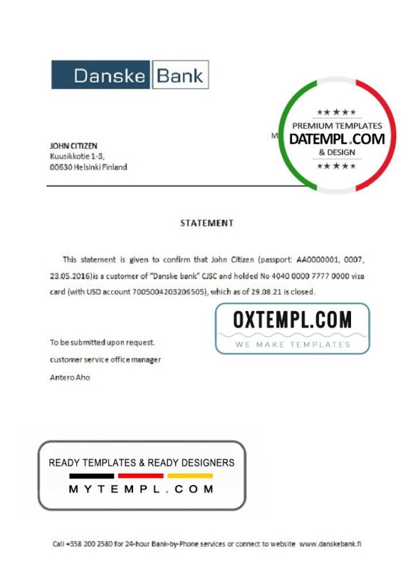 editable template, Finland Danske bank account closure reference letter template in Word and PDF format