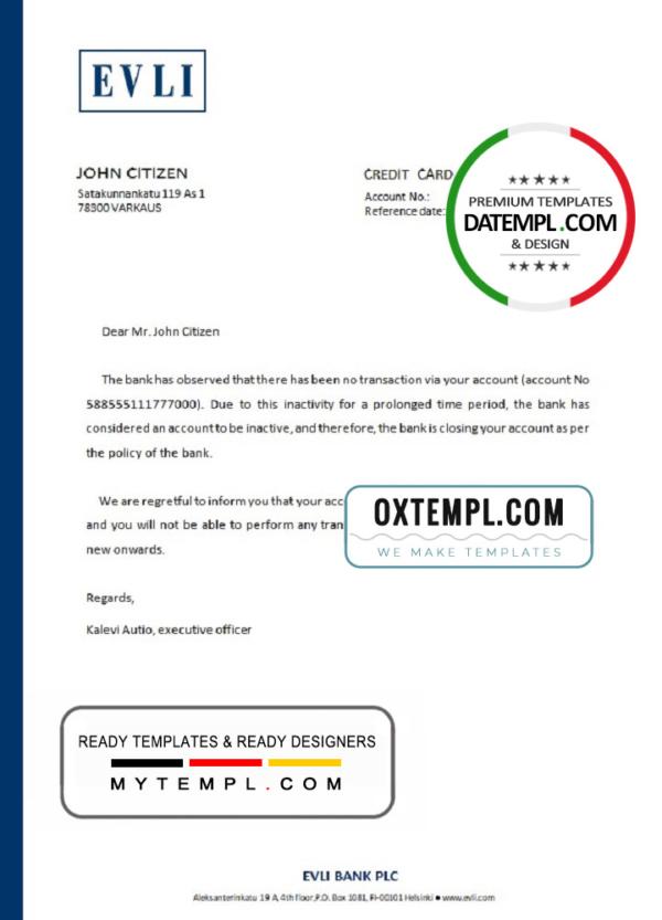editable template, Finland Evli bank account closure reference letter template in Word and PDF format