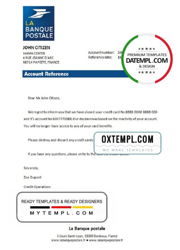 editable template, France La Banque Postale bank account closure reference letter template in Word and PDF format