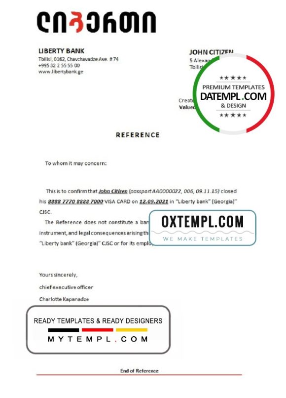 editable template, Georgia Liberty bank account closure reference letter template in Word and PDF format