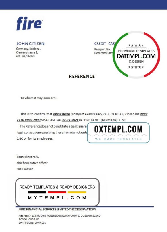 editable template, Germany Fire bank account closure reference letter template in Word and PDF format