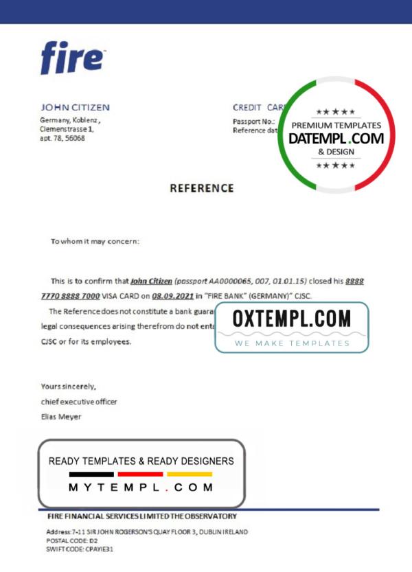 editable template, Germany Fire bank account closure reference letter template in Word and PDF format